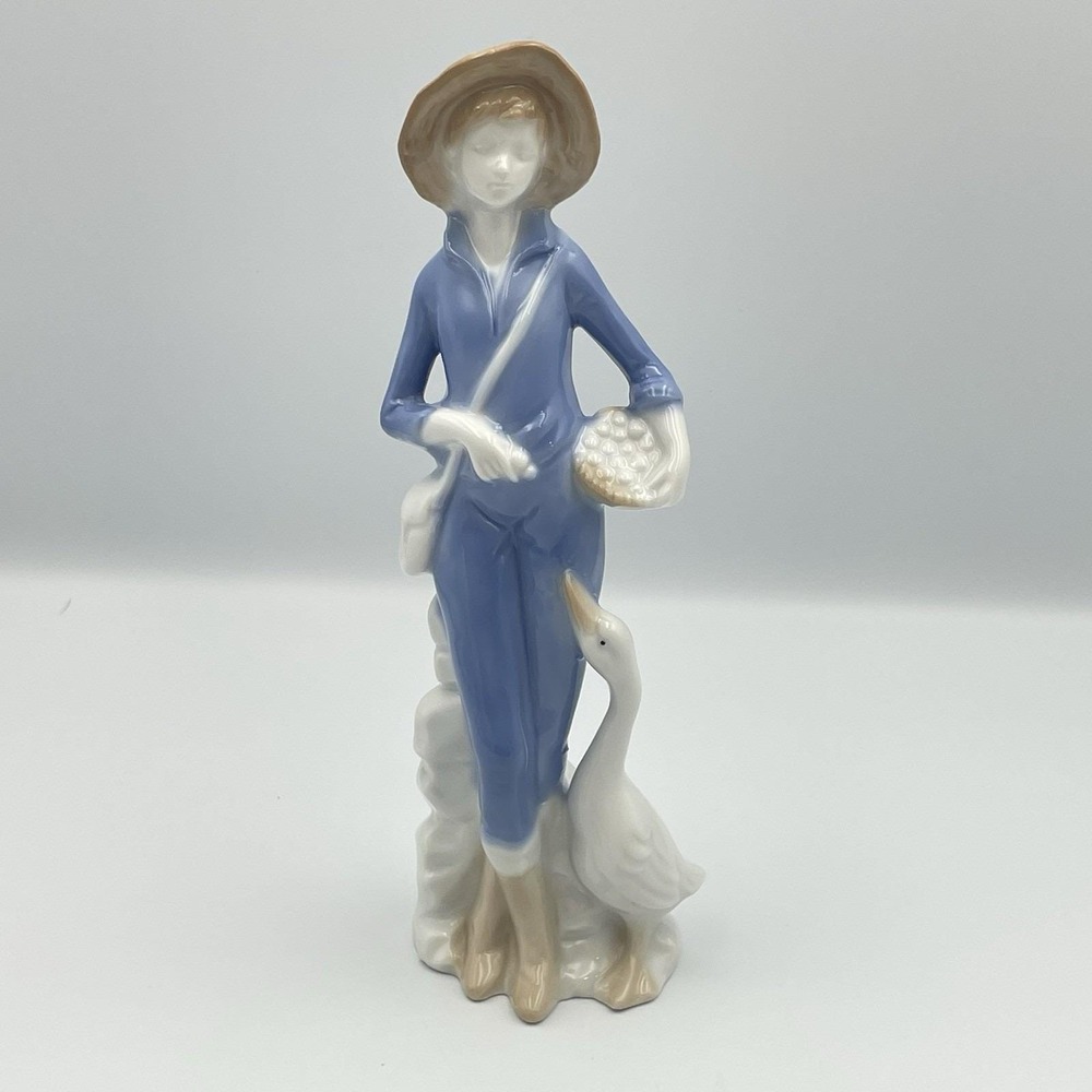 Vintage Brinn's Japan Figurine Boy With‎ Goose Blue White Glaze Porcelain 8"